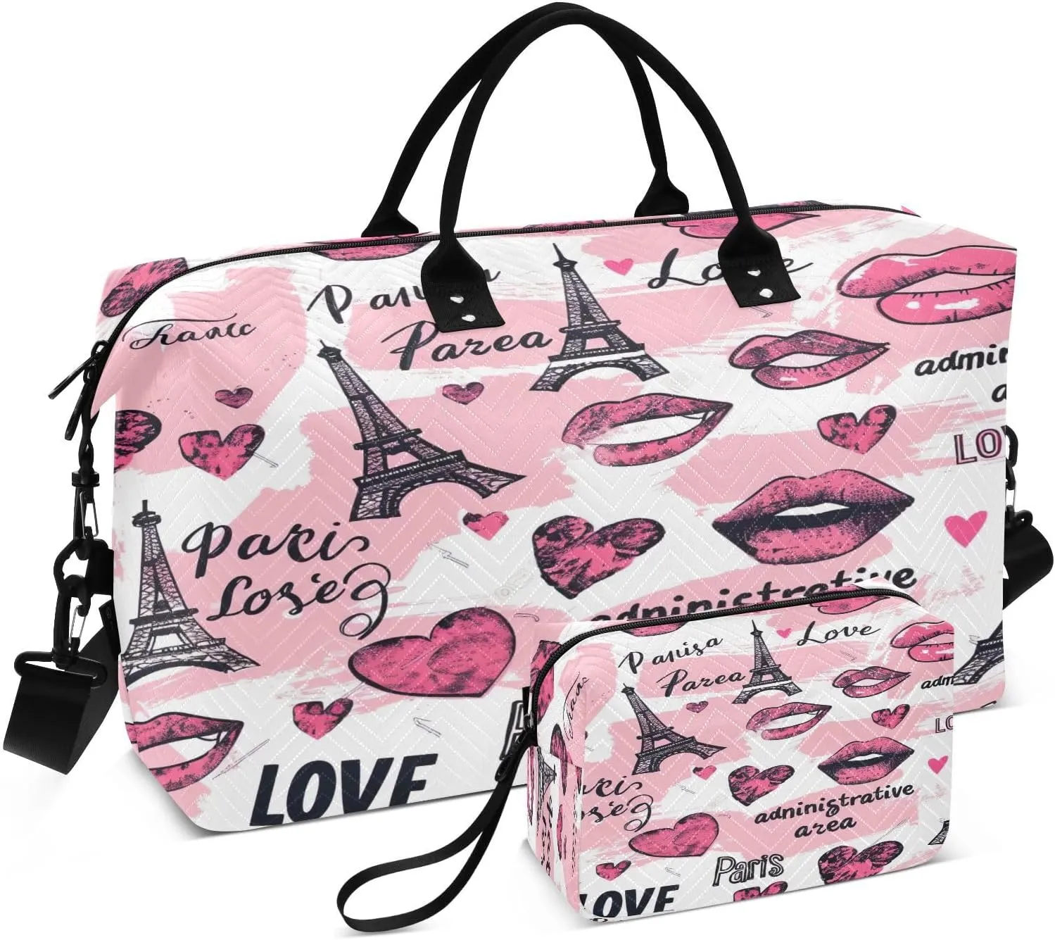 Kigai Romantic Cartoon Paris Tower Travel Duffel Bags 2PCS,Sports Duffel Bags for Men Women,Weekender Overnight Bag Gym Tote Bag with Toiletry Bag