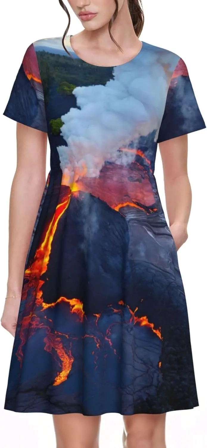 Kilauea Volcanos Print Stylish Summer for Women Maxi Dresses,Flowy,Short Sleeve,with Side Pockets