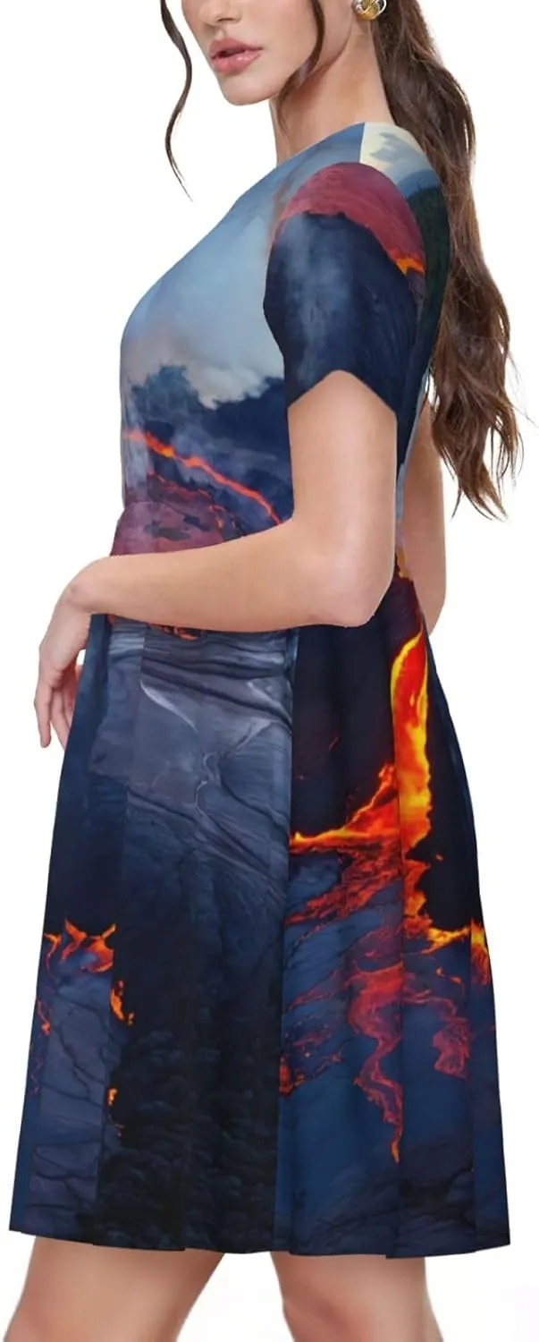 Kilauea Volcanos Print Stylish Summer for Women Maxi Dresses,Flowy,Short Sleeve,with Side Pockets