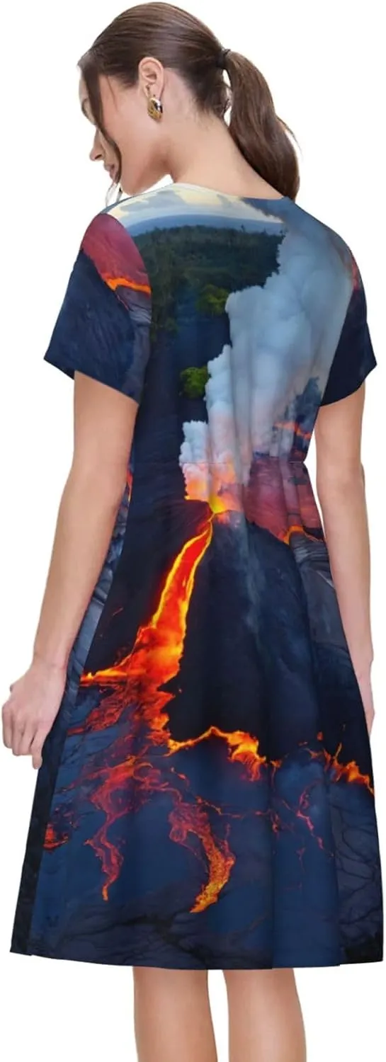 Kilauea Volcanos Print Stylish Summer for Women Maxi Dresses,Flowy,Short Sleeve,with Side Pockets