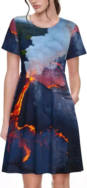 Kilauea Volcanos Print Stylish Summer for Women Maxi Dresses,Flowy,Short Sleeve,with Side Pockets
