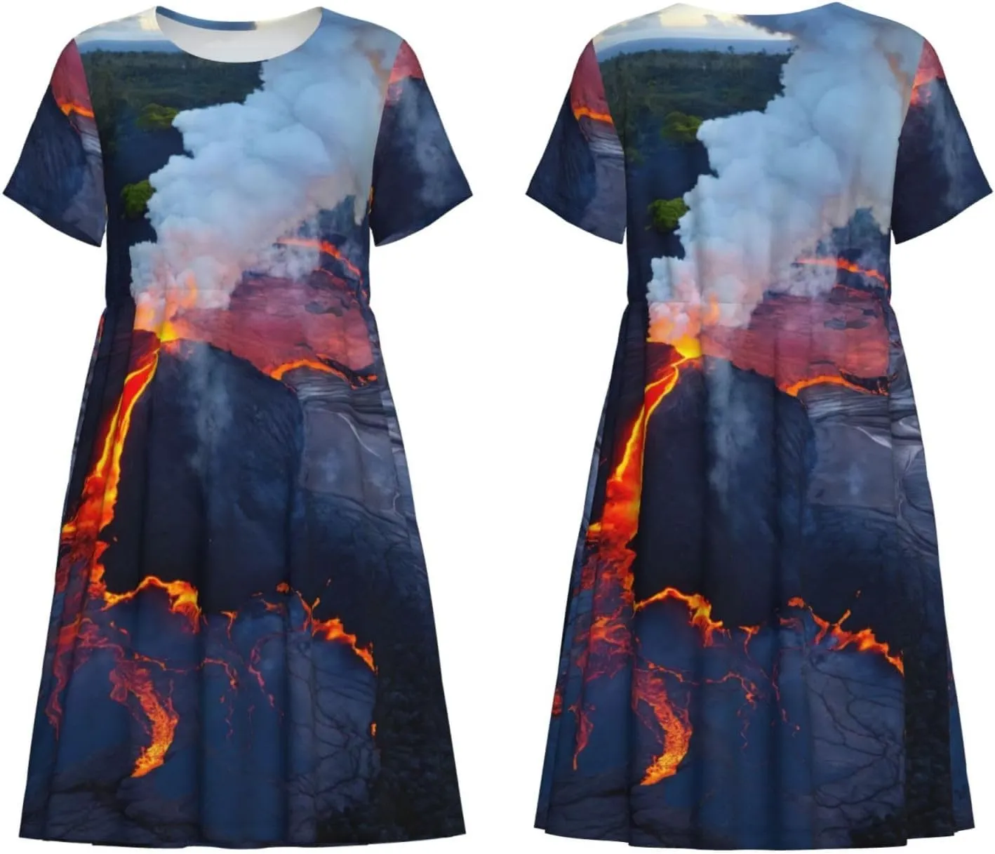 Kilauea Volcanos Print Stylish Summer for Women Maxi Dresses,Flowy,Short Sleeve,with Side Pockets