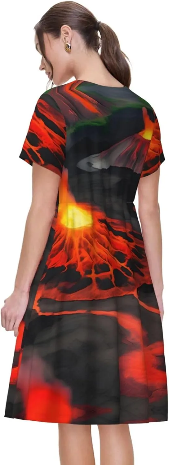 Kilauea Volcanos Print Summer Dresses for Women,Casual Maxi Dress,for Easter and Beach Vacation