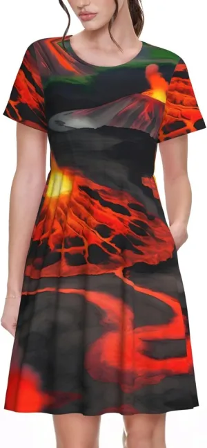 Kilauea Volcanos Print Summer Dresses for Women,Casual Maxi Dress,for Easter and Beach Vacation