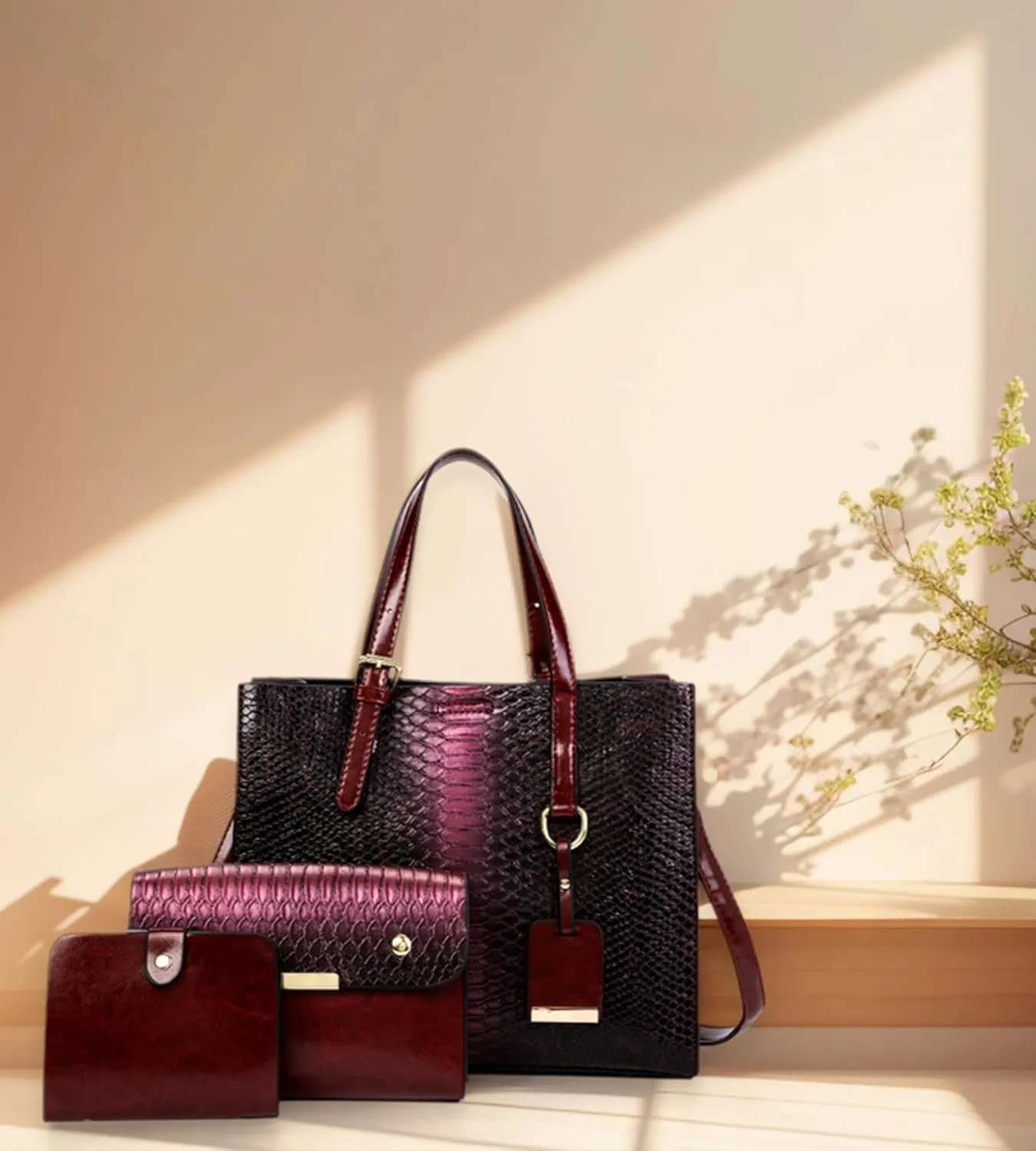 KingTo Women's Crocodile Pattern Satchel Handbags Stylish Tote Handbags crocodile purses for women 3 Pcs Set