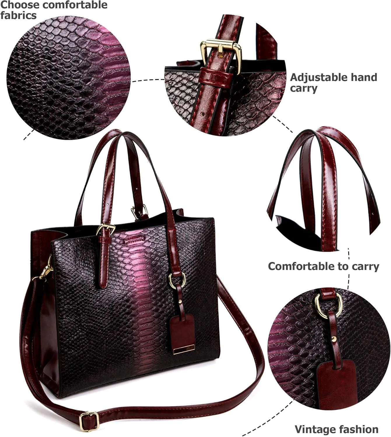KingTo Women's Crocodile Pattern Satchel Handbags Stylish Tote Handbags crocodile purses for women 3 Pcs Set