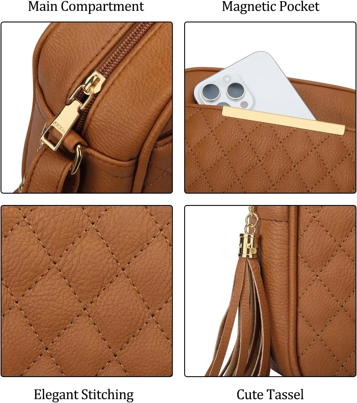 KKXIU 10” Large Size Quilted Crossbody Bag for Women Vegan Leather Handbags Stylish Shoulder Purse with Tassel