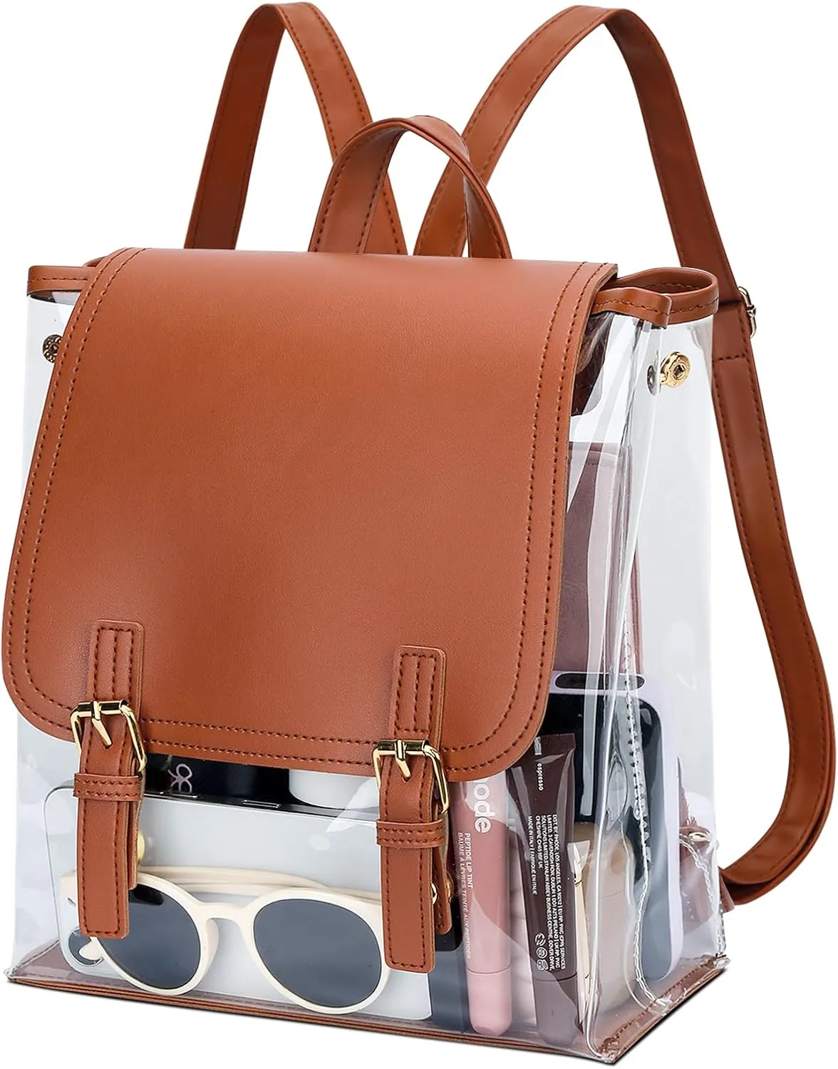 KKXIU Girls Clear Backpack Stadium Approved Transparent PVC Women Clear Bookbag with Leather for Sports Event, Concert (Brown)