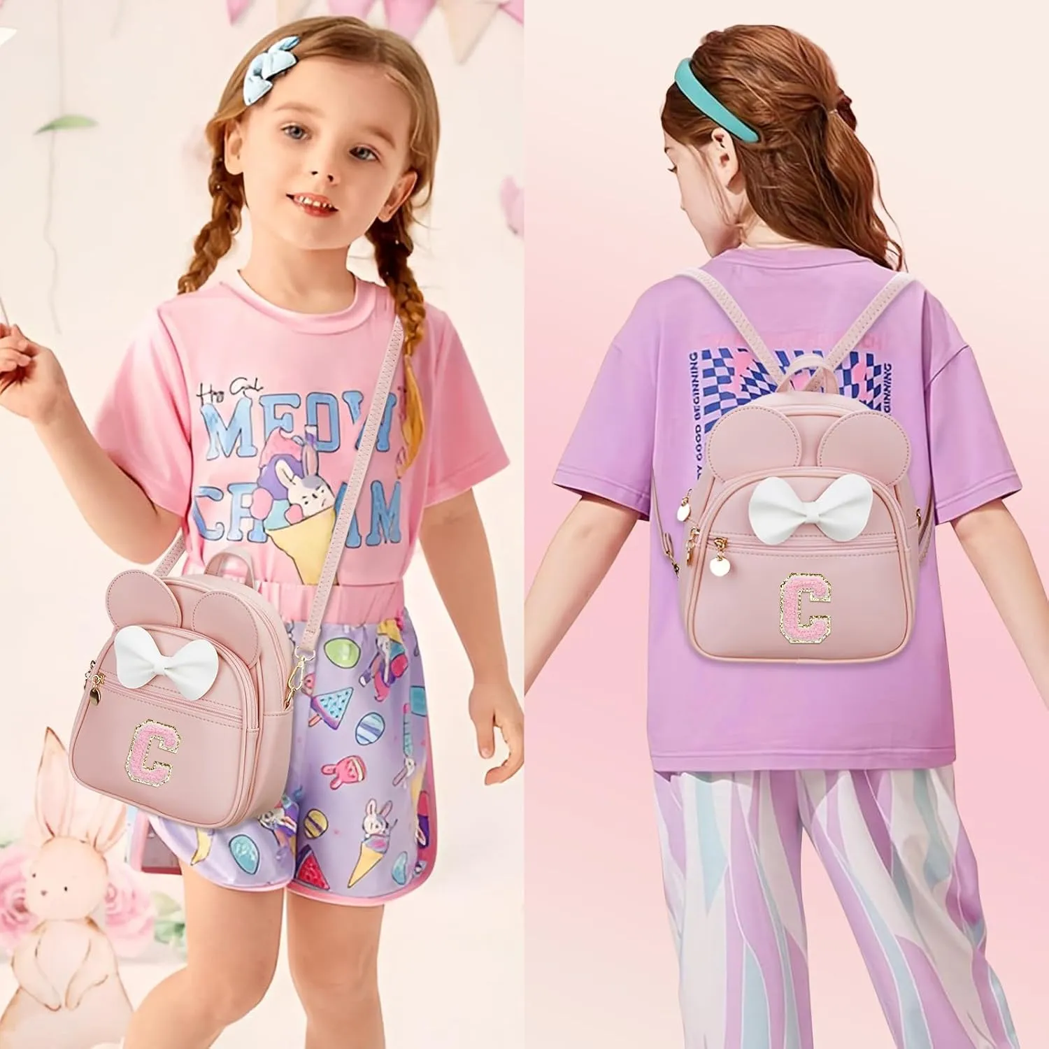 KKXIU Girls Initial Bowknot Cute Mini Backpack Small Women Daypacks, Personalized Trendy Stuff Gifts for Kids and Teen - Pink - C