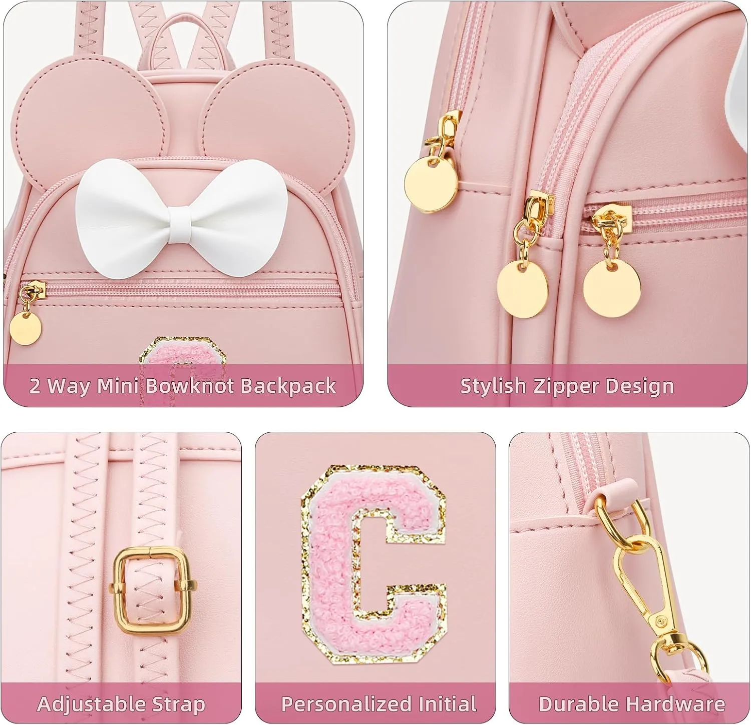 KKXIU Girls Initial Bowknot Cute Mini Backpack Small Women Daypacks, Personalized Trendy Stuff Gifts for Kids and Teen - Pink - C