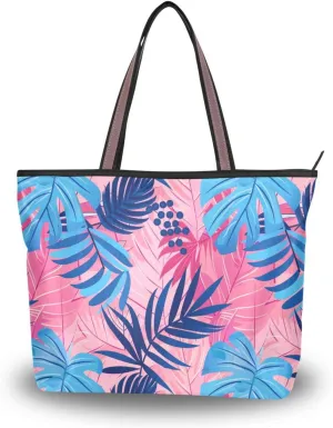 KLL silk fabric zippered straps for handbags summer chick handbags for women for shopping Pastel and Blue Palm Leaves size 15.7x11.4 in