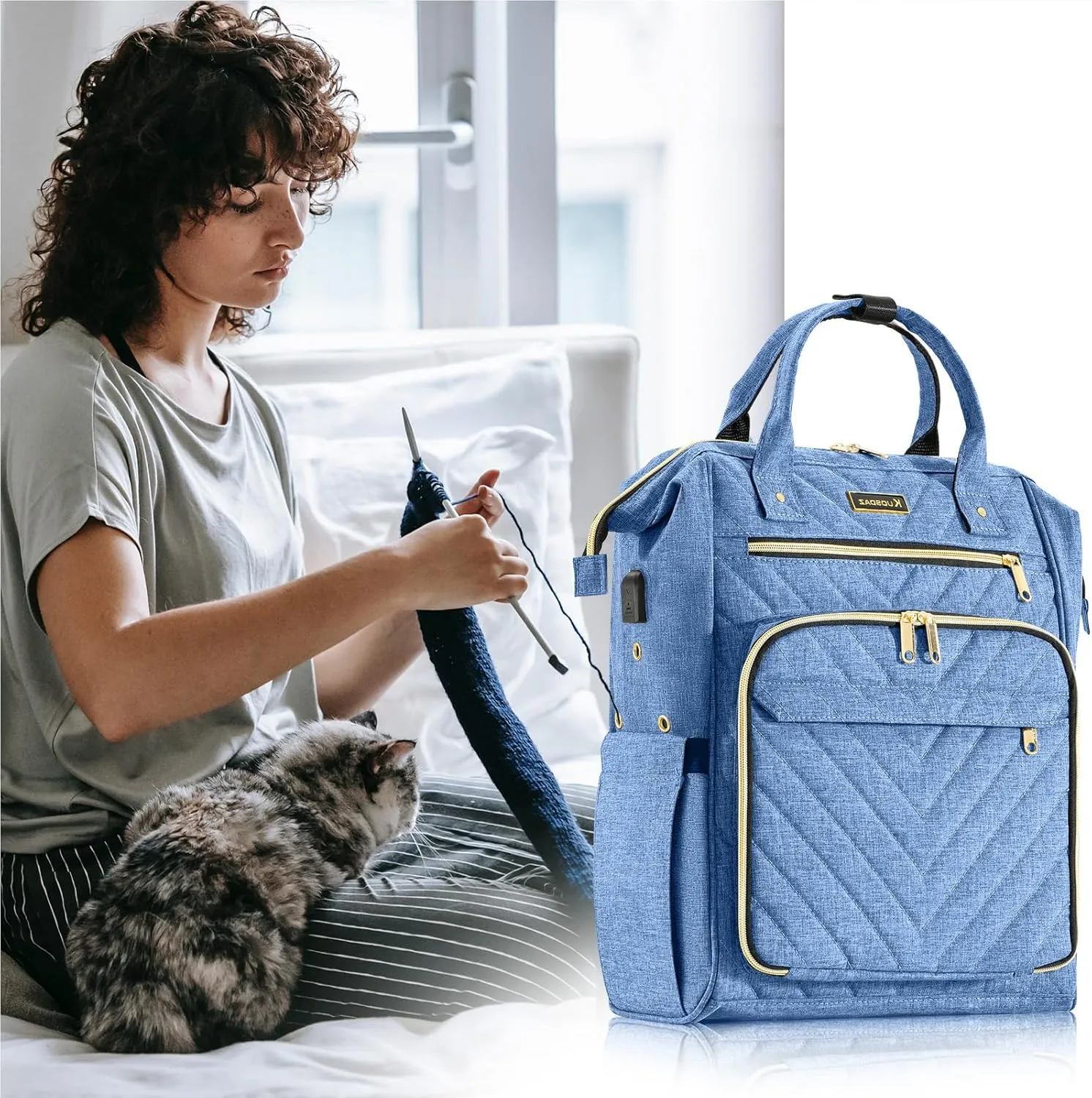 Knitting Bag Backpack, Yarn Organizer with USB Charging Port, Quilted Backpack for Women, Mothers Day Gifts Large Travel Crochet Bag Totes for Crochet Hooks, Knitting Needles, Yarn Supplies, Blue