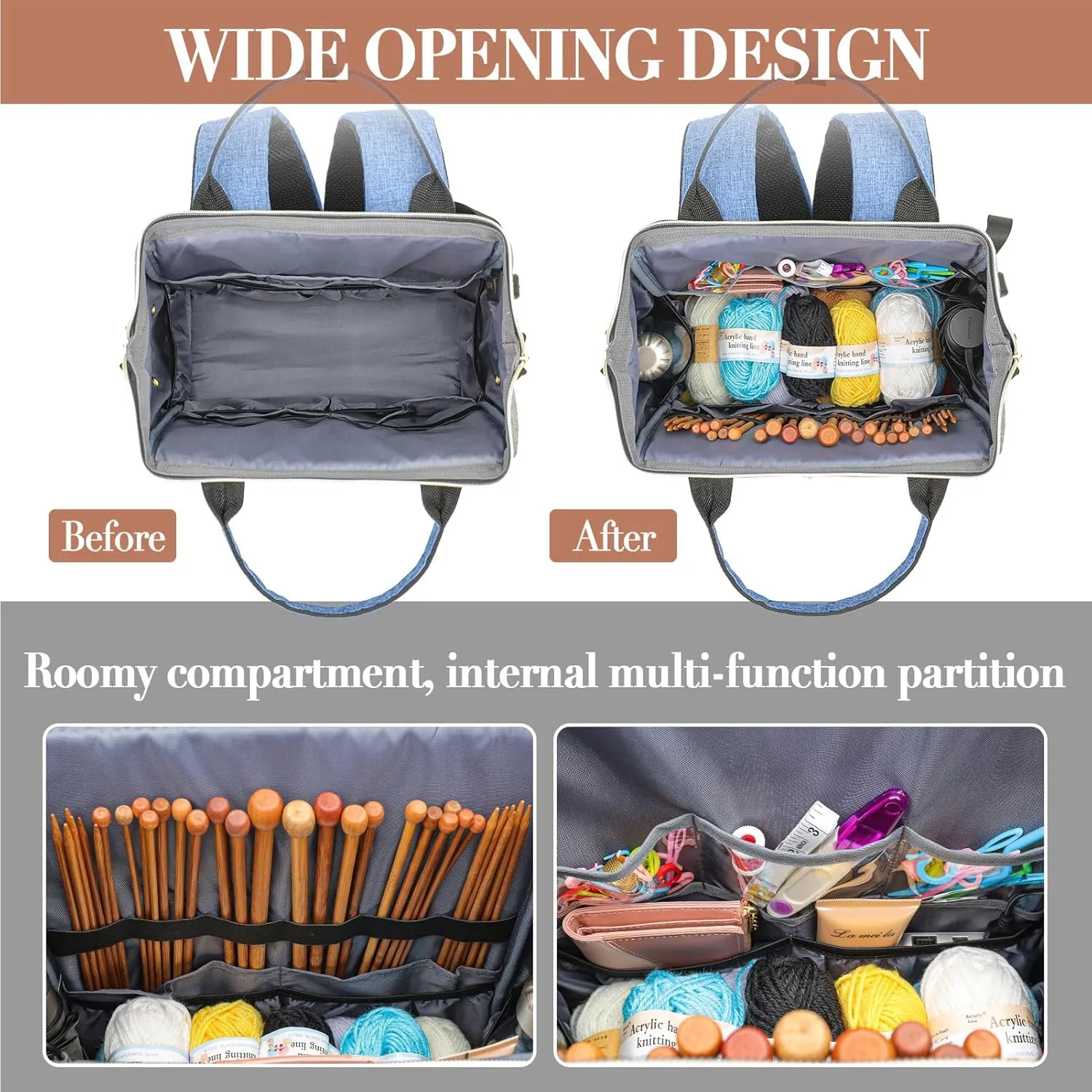Knitting Bag Backpack, Yarn Organizer with USB Charging Port, Quilted Backpack for Women, Mothers Day Gifts Large Travel Crochet Bag Totes for Crochet Hooks, Knitting Needles, Yarn Supplies, Blue
