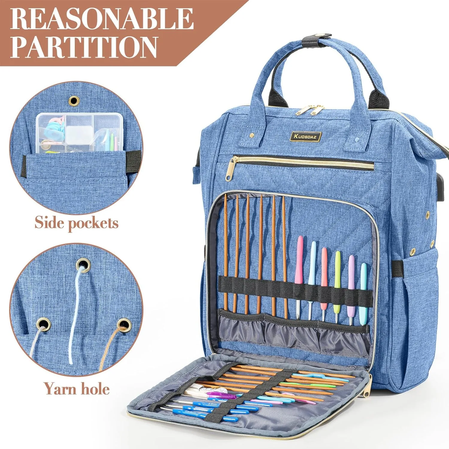 Knitting Bag Backpack, Yarn Organizer with USB Charging Port, Quilted Backpack for Women, Mothers Day Gifts Large Travel Crochet Bag Totes for Crochet Hooks, Knitting Needles, Yarn Supplies, Blue