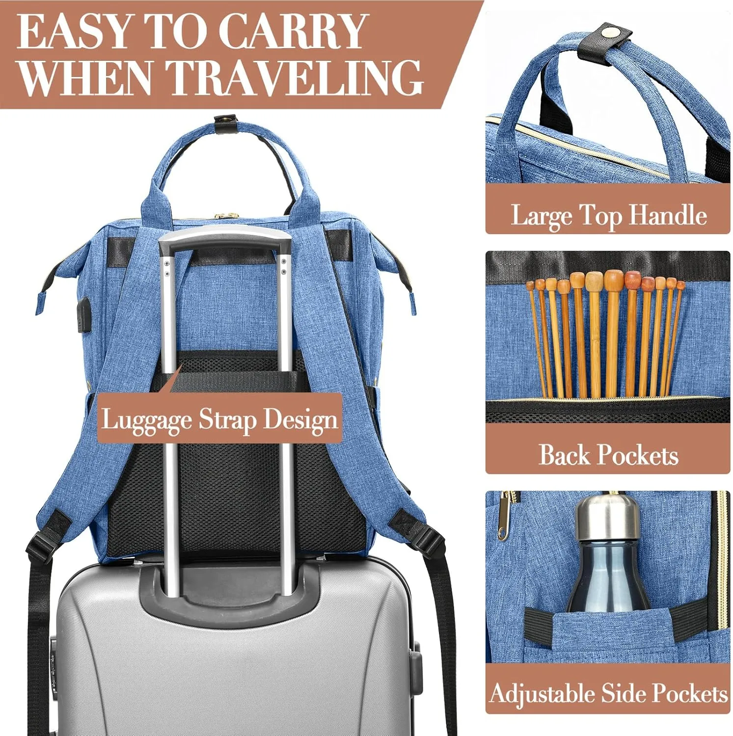 Knitting Bag Backpack, Yarn Organizer with USB Charging Port, Quilted Backpack for Women, Mothers Day Gifts Large Travel Crochet Bag Totes for Crochet Hooks, Knitting Needles, Yarn Supplies, Blue
