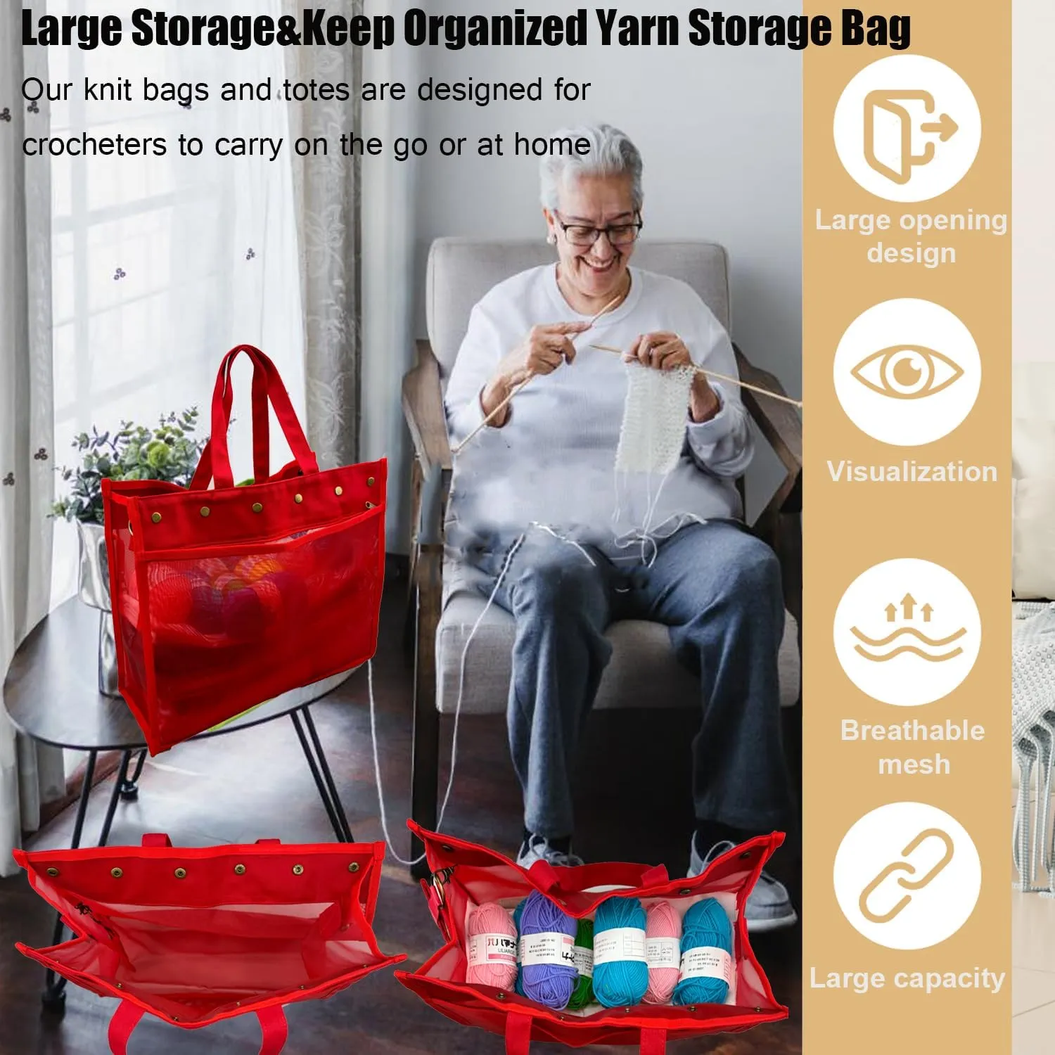 Knitting Bag Large Yarn Storage Organizer,Crochet Bags and Totes,Yarn Bags for Crocheting,Crochet Storage Bags for Crochet Hooks,Knitting Needles,Knit Bags for Crochet Lovers,Mother's Day Gift(Red)
