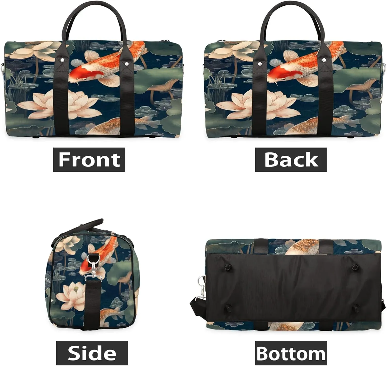 Koi Fish Duffle Bag for Travel, Overnight Weekend Gym Carry On Luggage Bag, Colorful Carp Lotus Travel Duffel Bag for Men Women