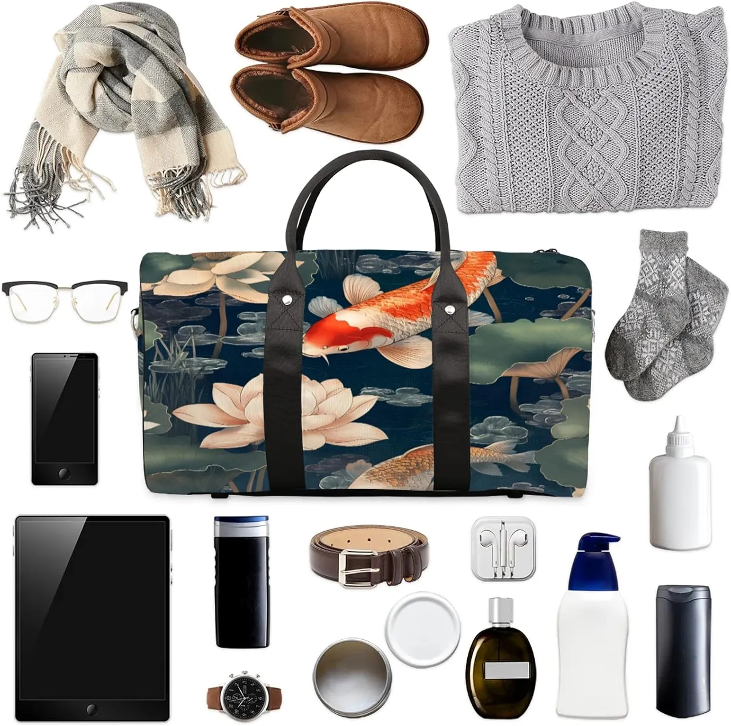 Koi Fish Duffle Bag for Travel, Overnight Weekend Gym Carry On Luggage Bag, Colorful Carp Lotus Travel Duffel Bag for Men Women