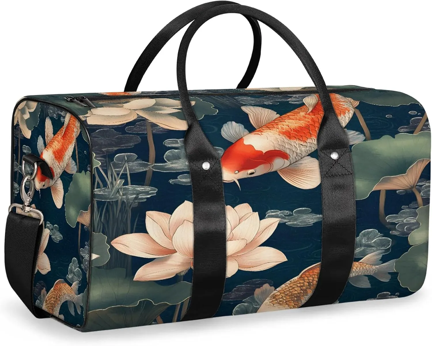 Koi Fish Duffle Bag for Travel, Overnight Weekend Gym Carry On Luggage Bag, Colorful Carp Lotus Travel Duffel Bag for Men Women