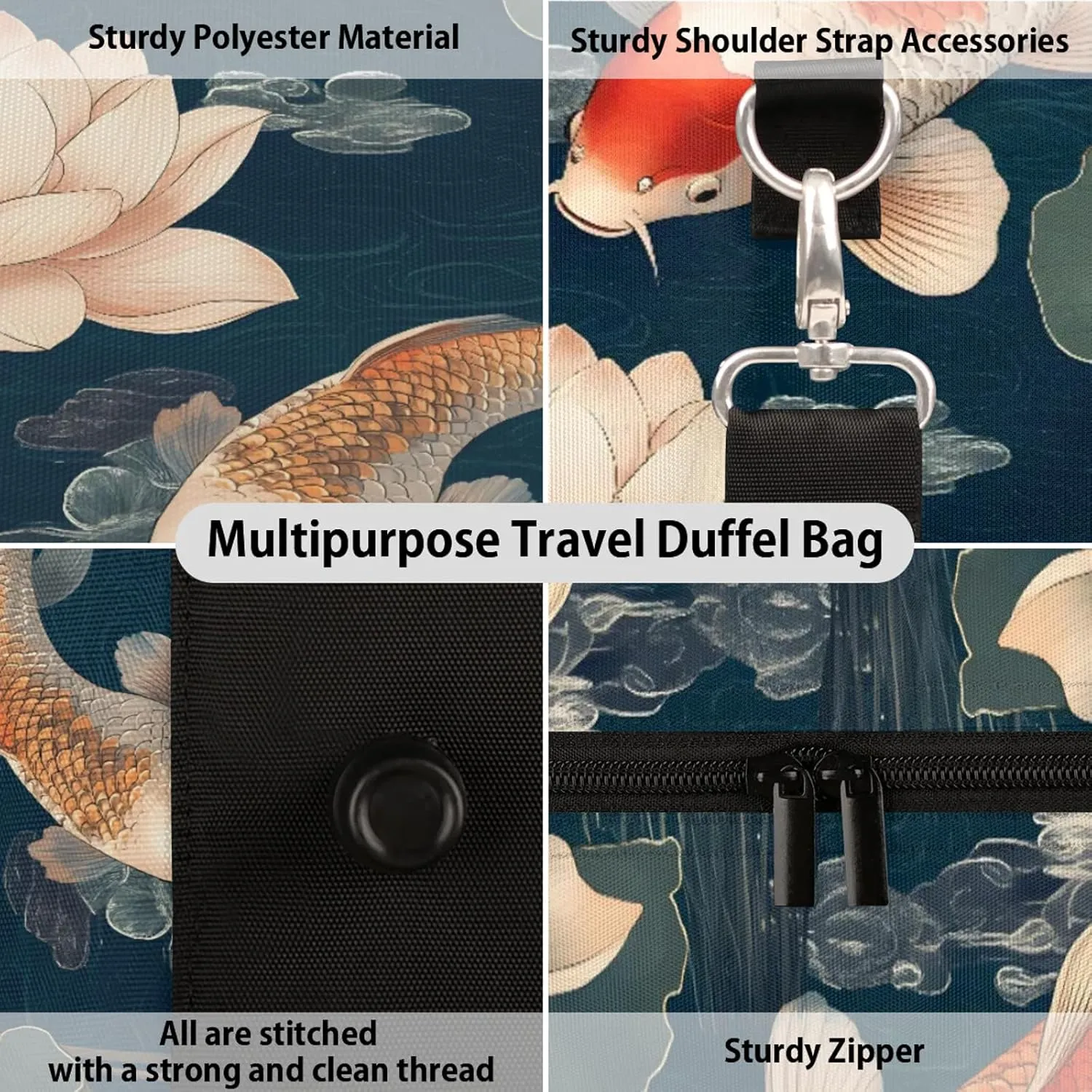 Koi Fish Duffle Bag for Travel, Overnight Weekend Gym Carry On Luggage Bag, Colorful Carp Lotus Travel Duffel Bag for Men Women