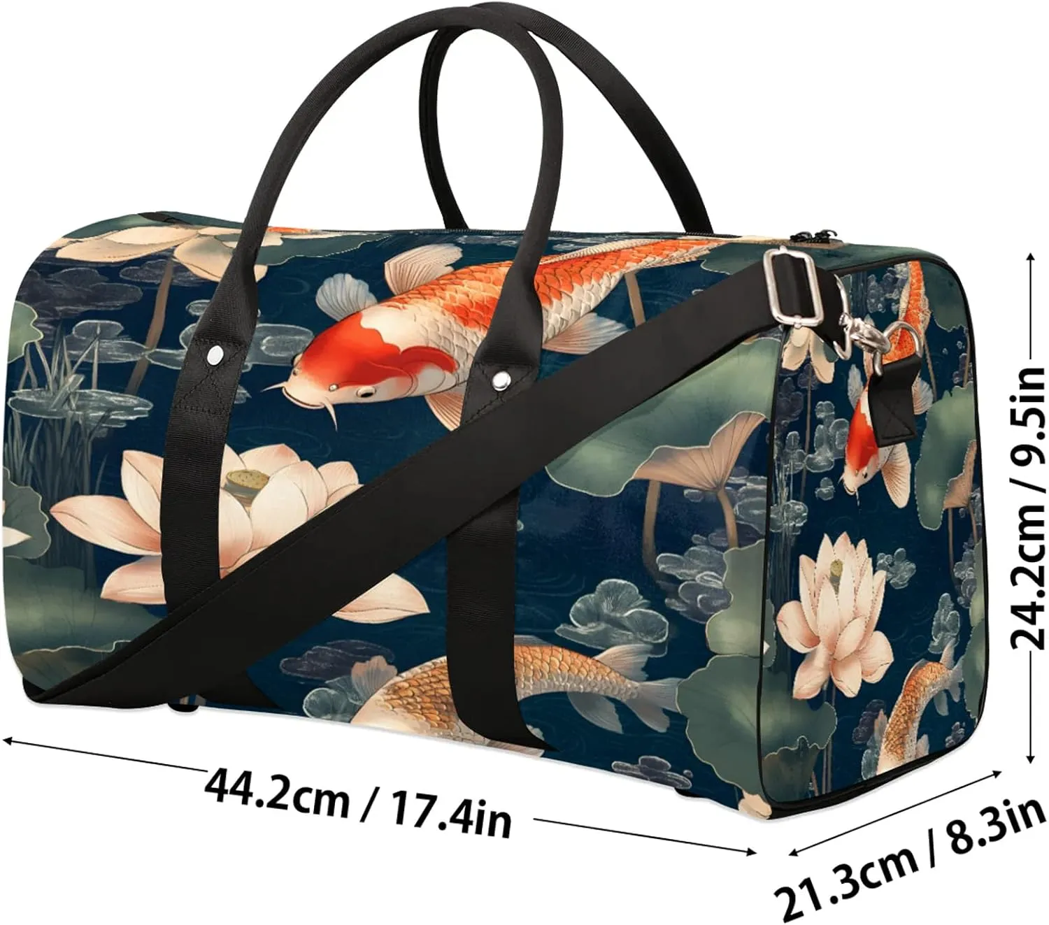 Koi Fish Duffle Bag for Travel, Overnight Weekend Gym Carry On Luggage Bag, Colorful Carp Lotus Travel Duffel Bag for Men Women