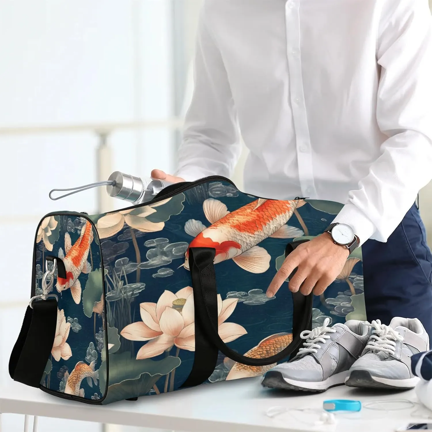 Koi Fish Duffle Bag for Travel, Overnight Weekend Gym Carry On Luggage Bag, Colorful Carp Lotus Travel Duffel Bag for Men Women