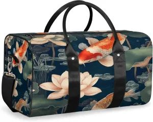 Koi Fish Duffle Bag for Travel, Overnight Weekend Gym Carry On Luggage Bag, Colorful Carp Lotus Travel Duffel Bag for Men Women