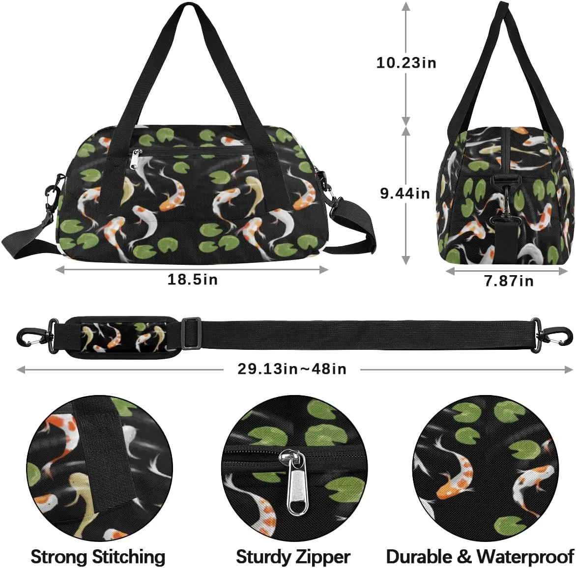Koi Fish Lotus Leaf Gym Bag, Duffle Bag, Weekender Bag, Duffel Bag, Overnight Bag, Travel Duffel Bag, Dance Bag, Tote Bag, Beach Bag, Pool Bag, Gym Duffle Bag, Carry on Bag