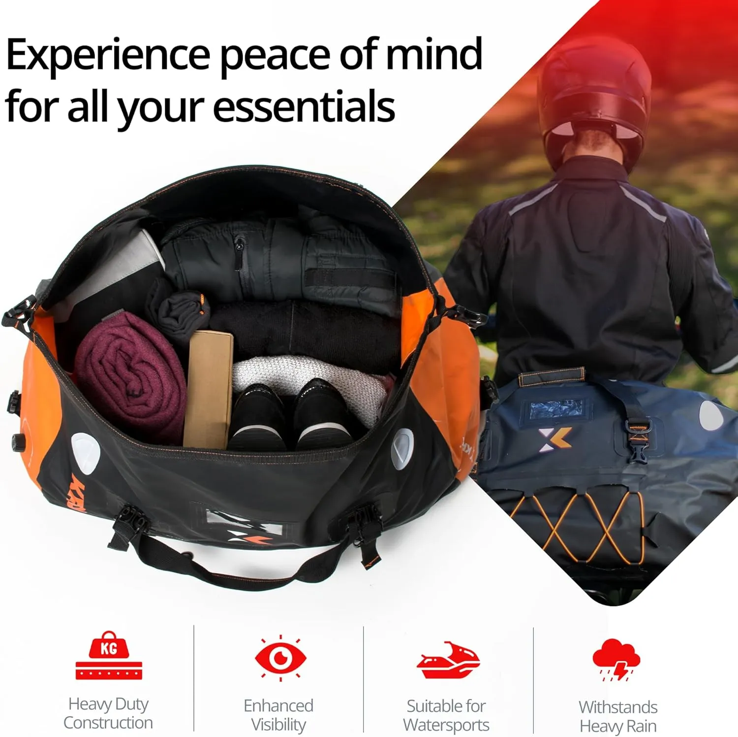 KRONOX Motorcycle Duffel Bag Waterproof, 40L Black – Durable Motorcycle Luggage & Saddle Bags. Back Seat Dry Bag for Travel, Commute & Dirt Bike Gear