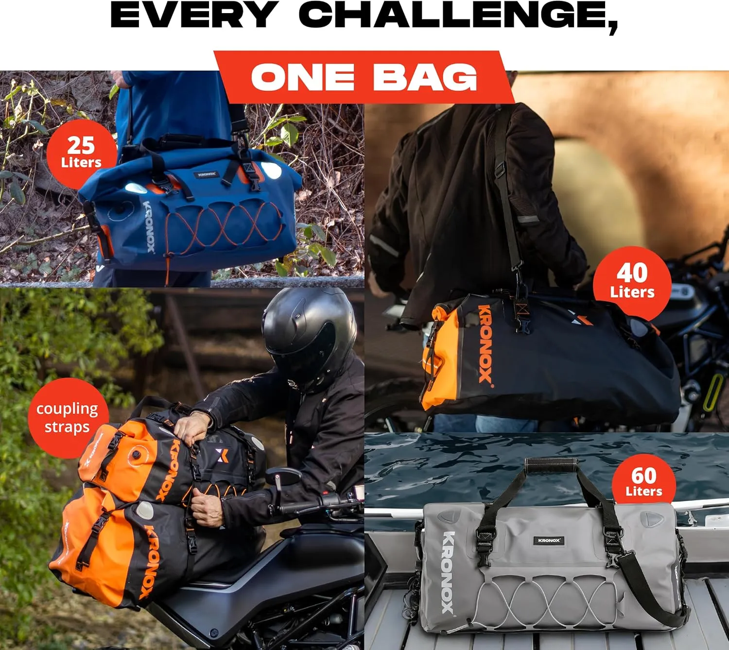 KRONOX Motorcycle Duffel Bag Waterproof, 40L Black – Durable Motorcycle Luggage & Saddle Bags. Back Seat Dry Bag for Travel, Commute & Dirt Bike Gear