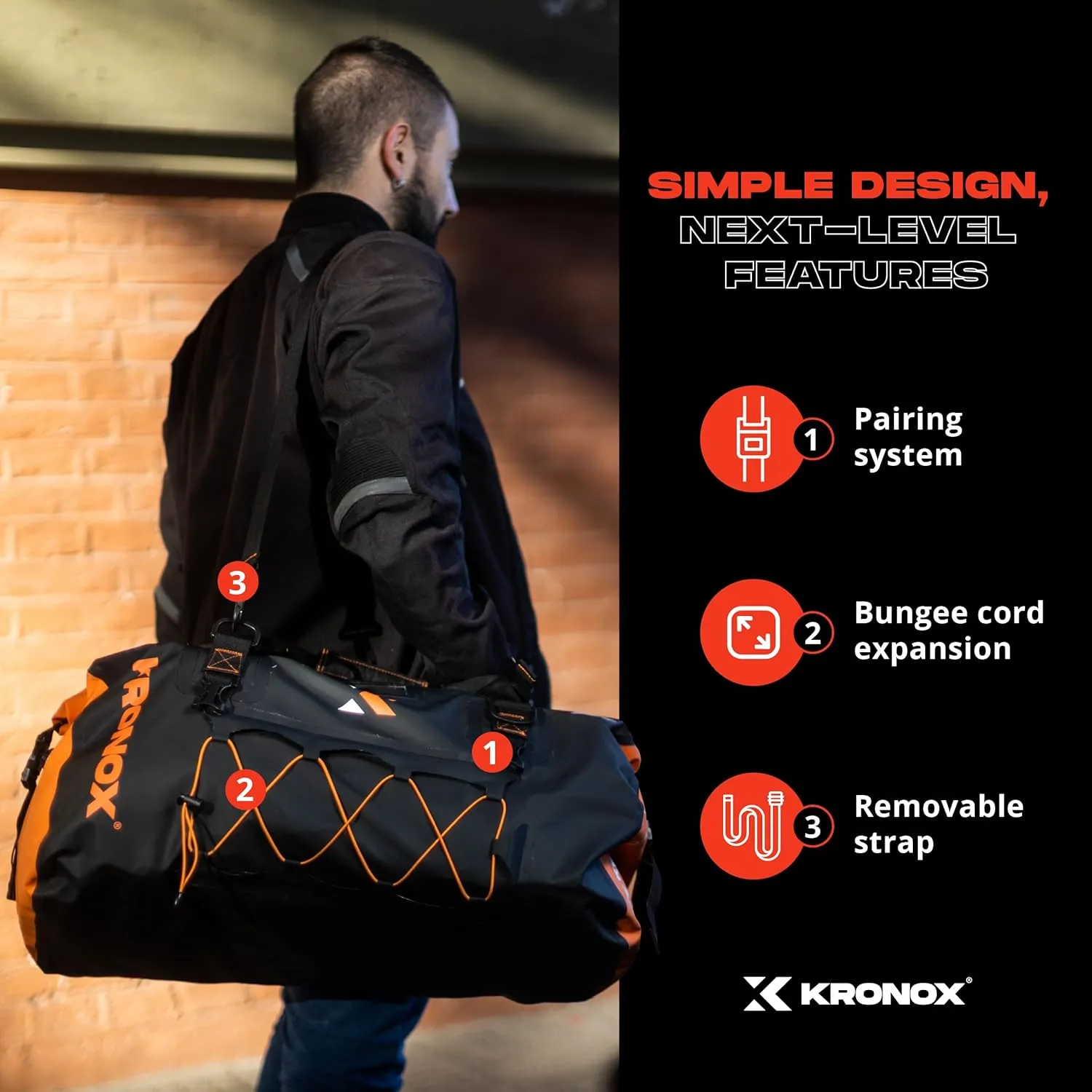 KRONOX Motorcycle Duffel Bag Waterproof, 40L Black – Durable Motorcycle Luggage & Saddle Bags. Back Seat Dry Bag for Travel, Commute & Dirt Bike Gear