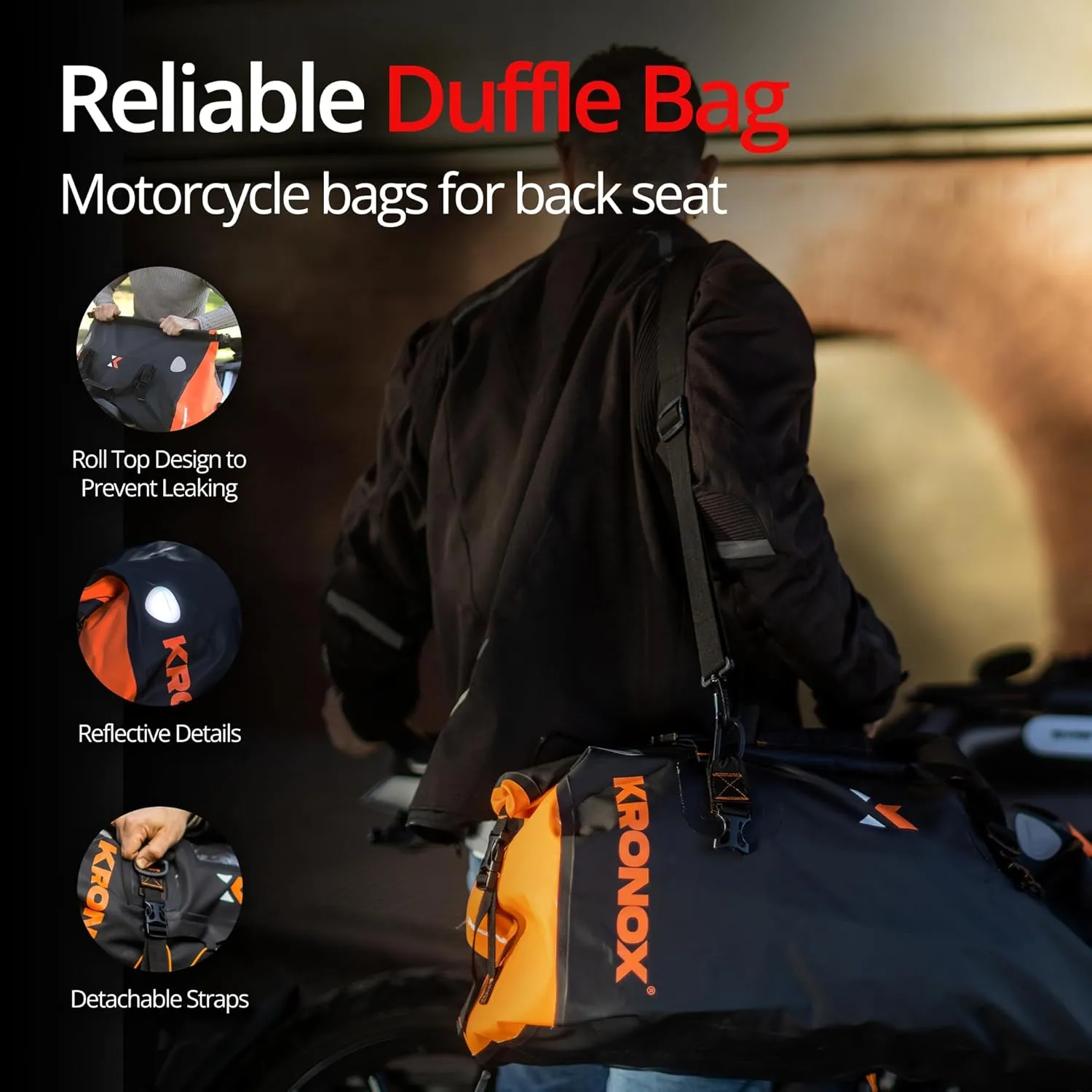 KRONOX Motorcycle Duffel Bag Waterproof, 40L Black – Durable Motorcycle Luggage & Saddle Bags. Back Seat Dry Bag for Travel, Commute & Dirt Bike Gear