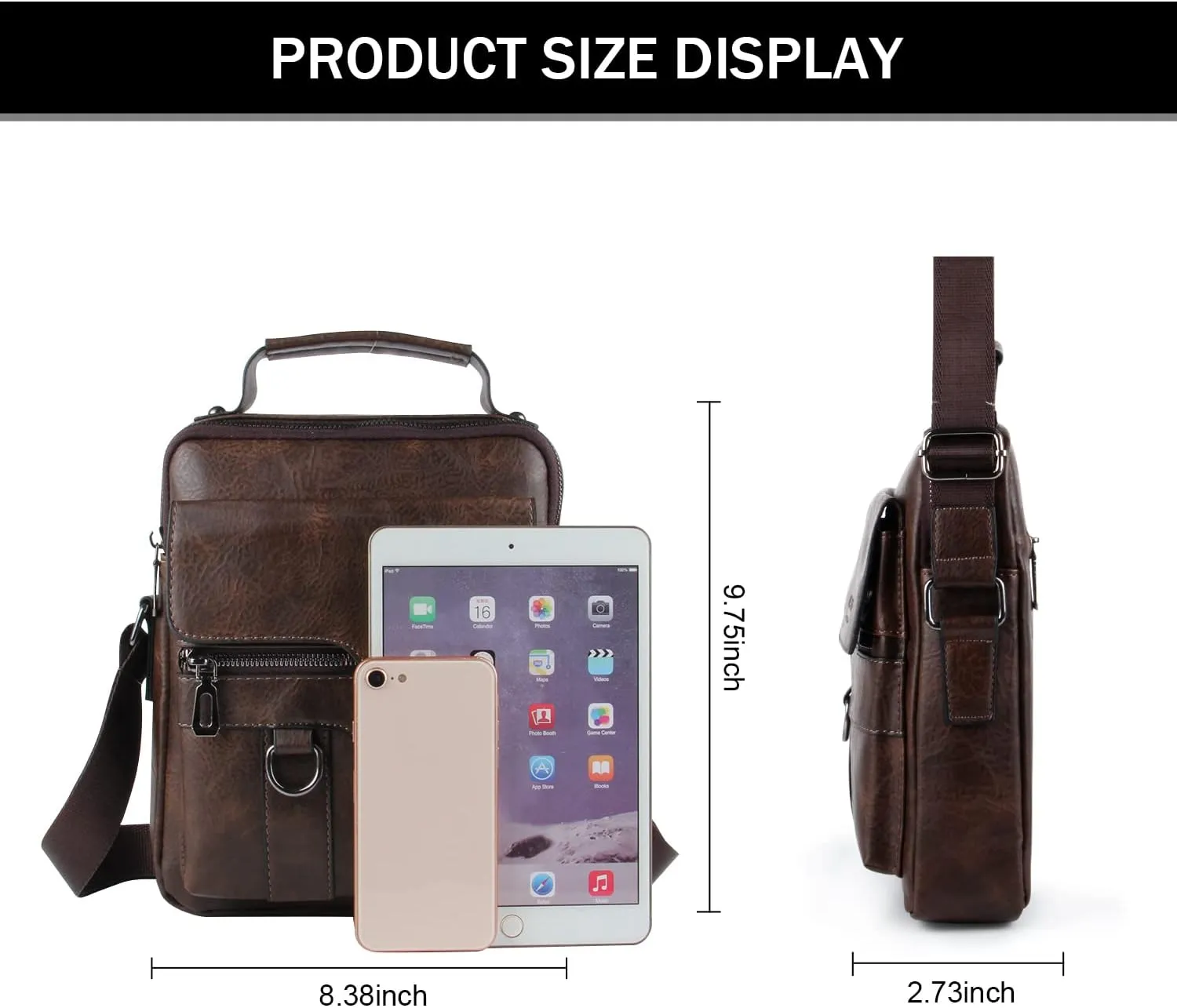 KUANG! Men's Shoulder Bag PU Leather Business Messenger Bag Briefcase Travel Crossbody Multi Pockets Handbag Purse