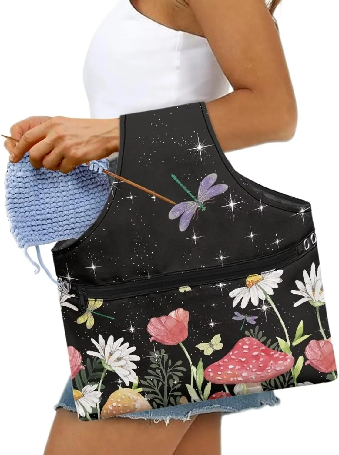 KUIFORTI Mushroom Yarn Bag Black Crochet Bag Organizer, Canvas Tote Yarn Storage Knitting Bag for Crocheting, Travel Crochet Bags and Totes, Crochet Accessories, Large Size, Msuhroom Daisy Butterfly
