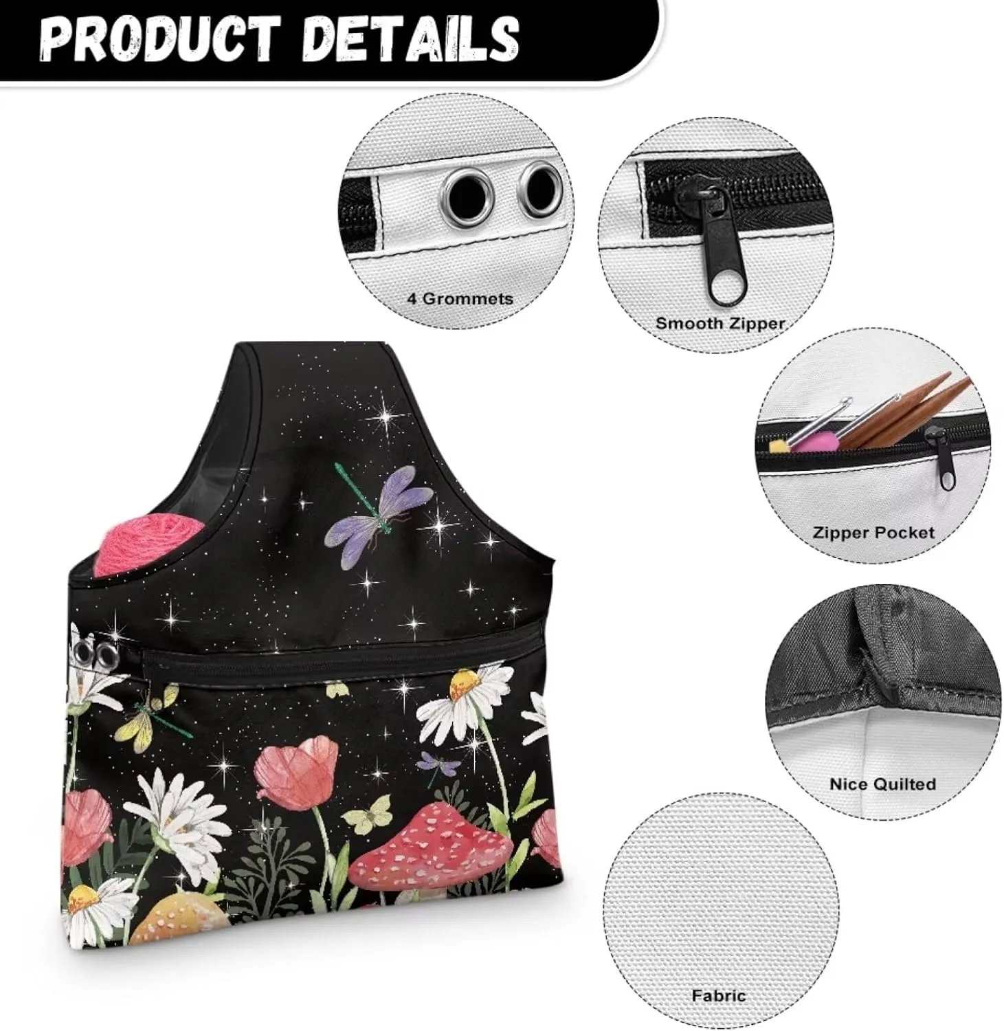 KUIFORTI Mushroom Yarn Bag Black Crochet Bag Organizer, Canvas Tote Yarn Storage Knitting Bag for Crocheting, Travel Crochet Bags and Totes, Crochet Accessories, Large Size, Msuhroom Daisy Butterfly