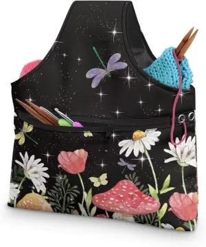KUIFORTI Mushroom Yarn Bag Black Crochet Bag Organizer, Canvas Tote Yarn Storage Knitting Bag for Crocheting, Travel Crochet Bags and Totes, Crochet Accessories, Large Size, Msuhroom Daisy Butterfly
