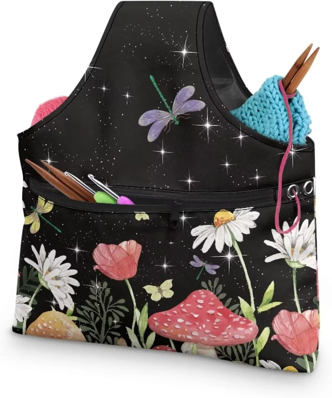 KUIFORTI Mushroom Yarn Bag Black Crochet Bag Organizer, Canvas Tote Yarn Storage Knitting Bag for Crocheting, Travel Crochet Bags and Totes, Crochet Accessories, Large Size, Msuhroom Daisy Butterfly