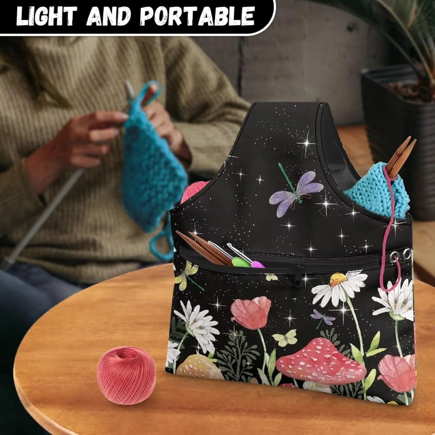 KUIFORTI Mushroom Yarn Bag Black Crochet Bag Organizer, Canvas Tote Yarn Storage Knitting Bag for Crocheting, Travel Crochet Bags and Totes, Crochet Accessories, Large Size, Msuhroom Daisy Butterfly