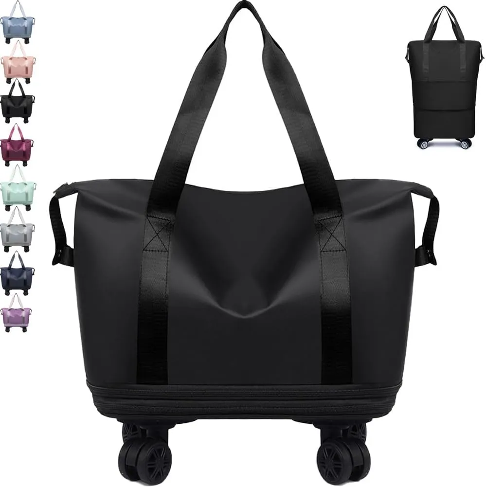 Kulken Travel Bag with Wheels, Waterproof Suitcase for Travel, Large Capacity Foldie Sports Duffle Bag, Weekender Expandable Overnight Bag, Carry on Gym Garment Bags(Black)