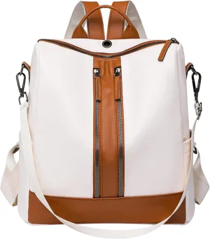 Ladies Fashion Versatile Color Matching Leather Shoulder Bag Casual Light Zipper Student Backpack (White, One Size)