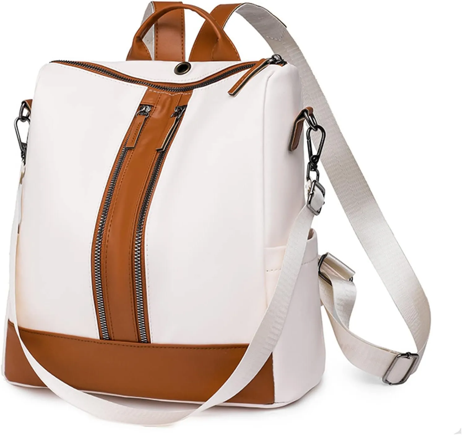 Ladies Fashion Versatile Color Matching Leather Shoulder Bag Casual Light Zipper Student Backpack (White, One Size)