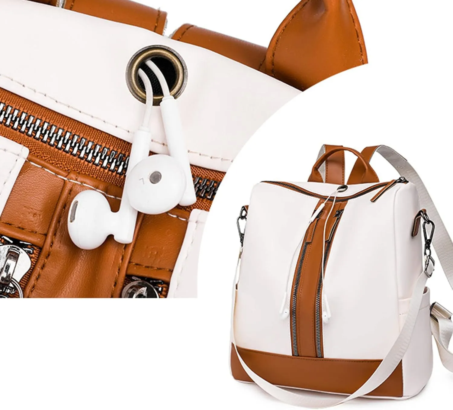Ladies Fashion Versatile Color Matching Leather Shoulder Bag Casual Light Zipper Student Backpack (White, One Size)
