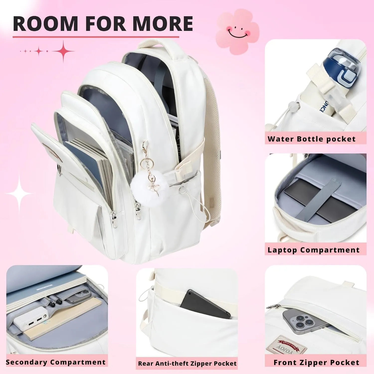 Laptop Backpack 15.6 Inch College Backpacks for Women, School Backpack for Girls,Students Aesthetic Anti Theft Travel Daypack Large Bookbags Middle High School Back Pack(Beige)