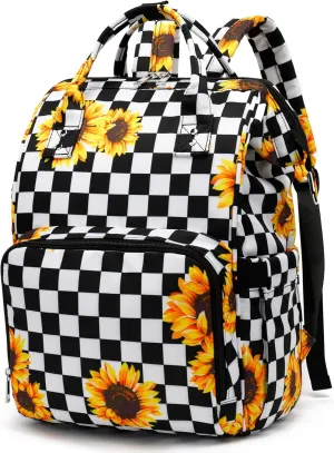 Laptop Backpack for Women, 15.6 inch College School Backpacks Bookbag for Work/School/Travel/Business (Checkered Sunflower)