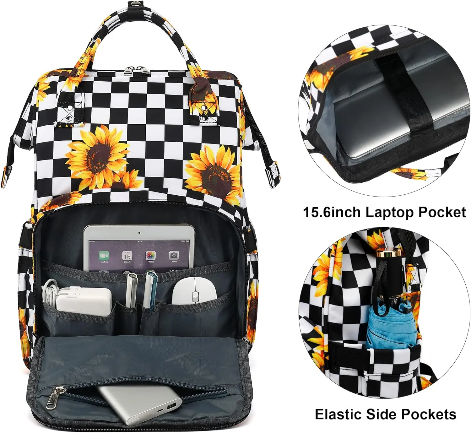 Laptop Backpack for Women, 15.6 inch College School Backpacks Bookbag for Work/School/Travel/Business (Checkered Sunflower)