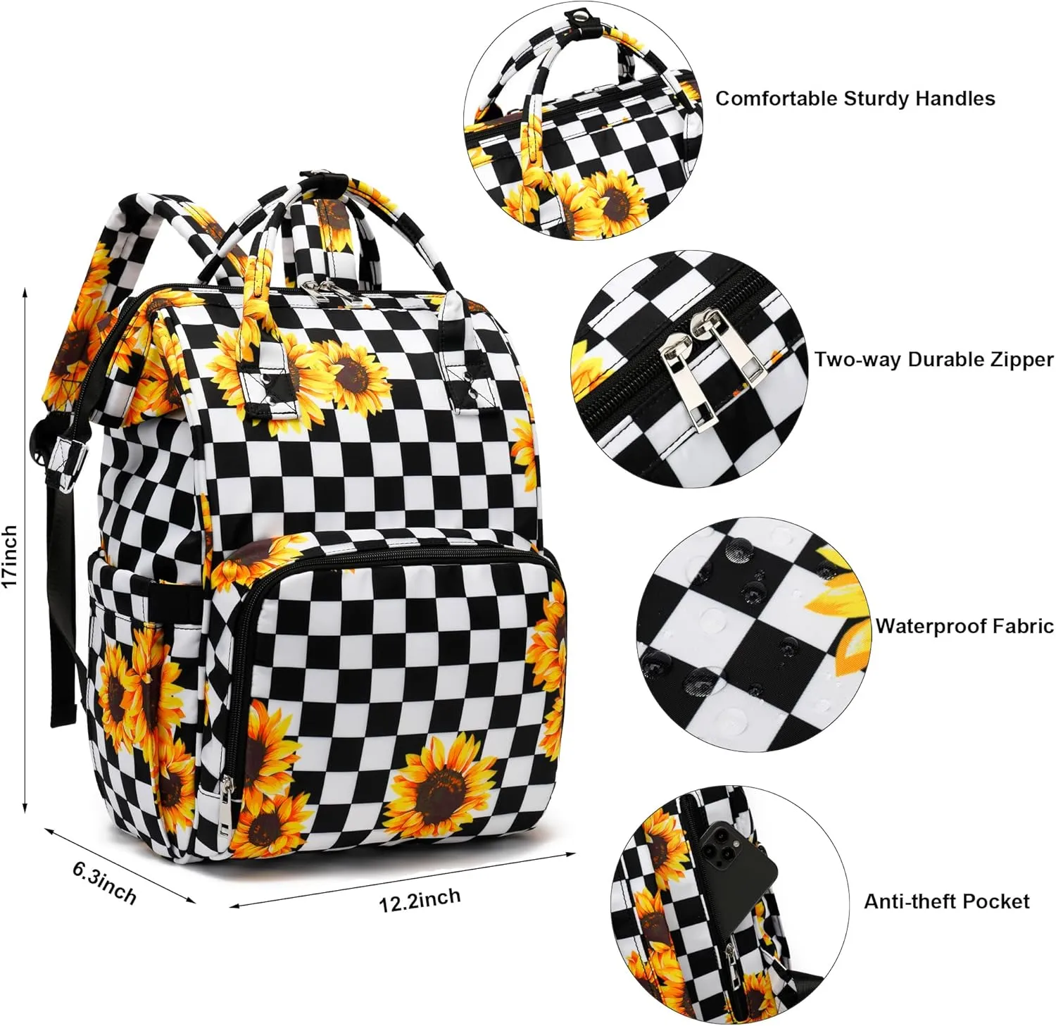 Laptop Backpack for Women, 15.6 inch College School Backpacks Bookbag for Work/School/Travel/Business (Checkered Sunflower)