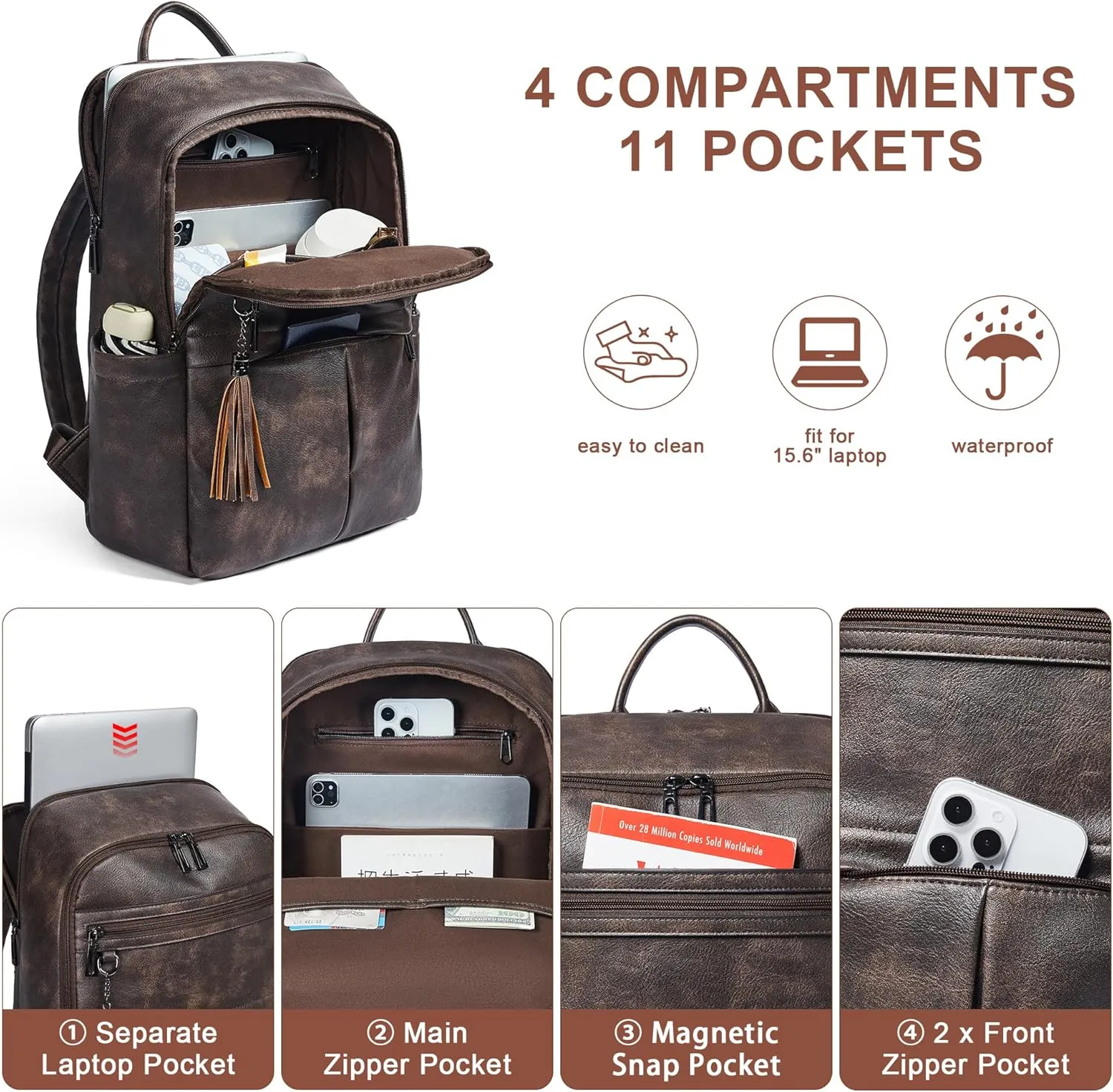 Laptop Backpack for Women 15.6" Leather Backpacks Purse Work Computer Backpack for Travel College Business,Coffee