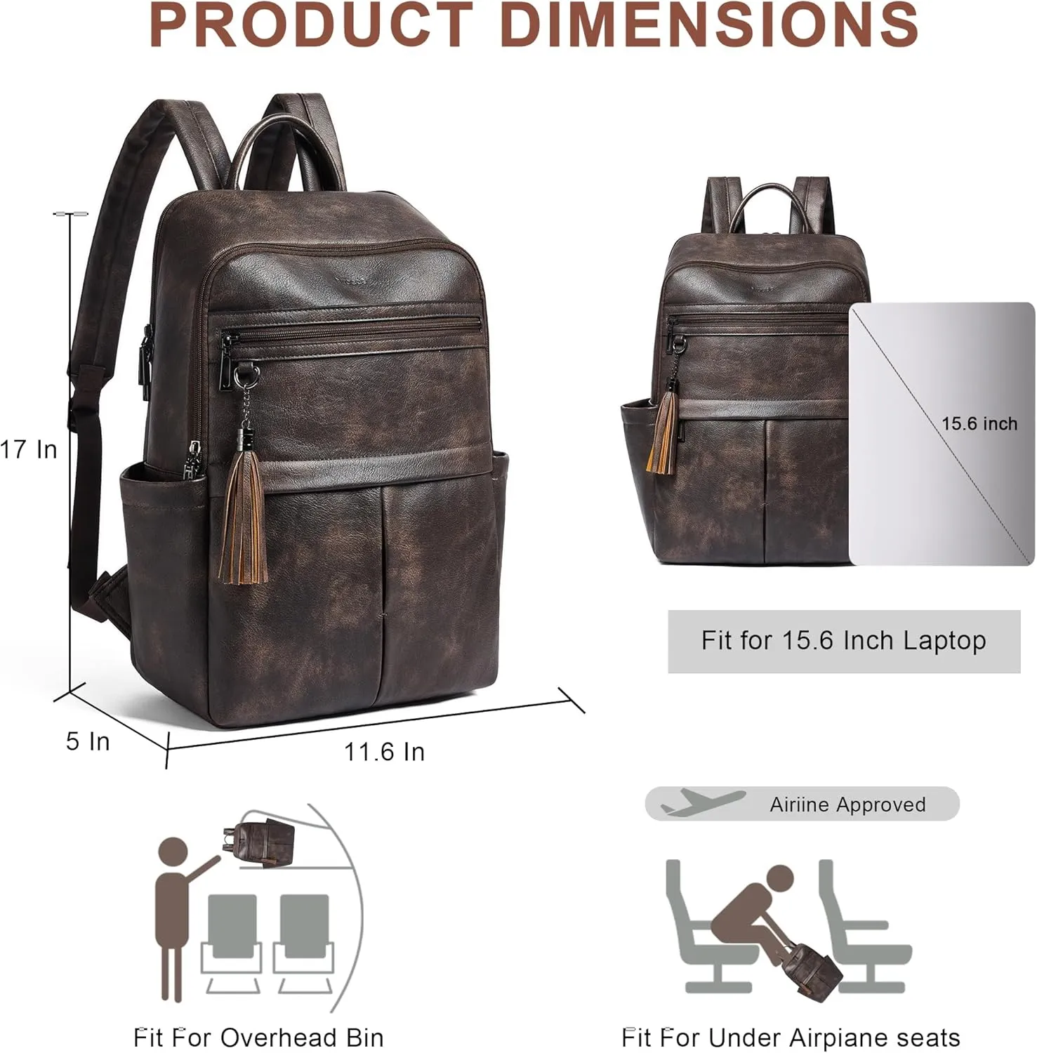 Laptop Backpack for Women 15.6" Leather Backpacks Purse Work Computer Backpack for Travel College Business,Coffee
