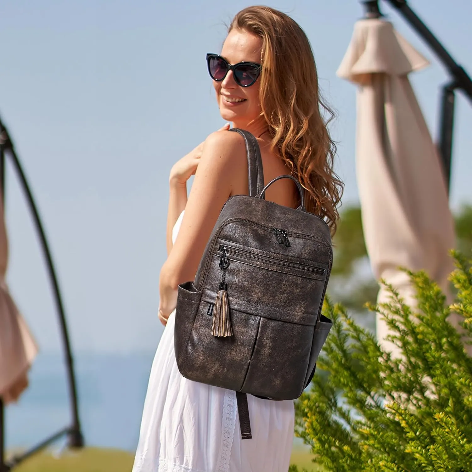 Laptop Backpack for Women 15.6" Leather Backpacks Purse Work Computer Backpack for Travel College Business,Coffee