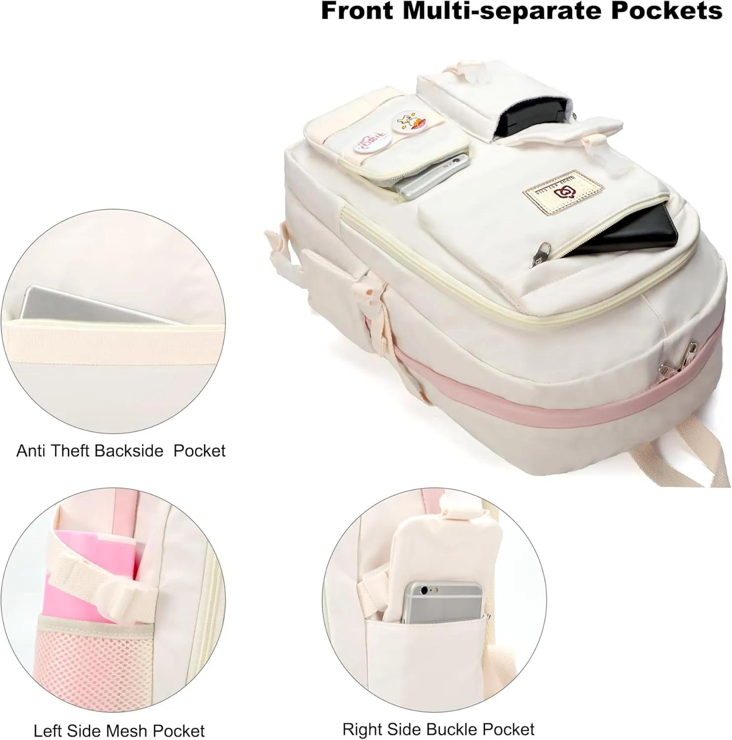 Laptop Backpacks 15.6 Inch College Backpack Elementary Middle High School Bag Large Cute Bookbags Anti Theft Travel Back Pack Casual Daypack Kids Book Bag for Teens Girls Women Students (Off-white)